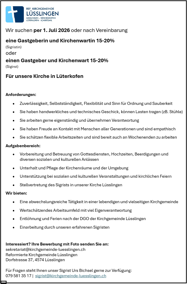 Gesucht - Gastgeber/in und Kirchenwart/in 15-20% Kirche Lüterkofen