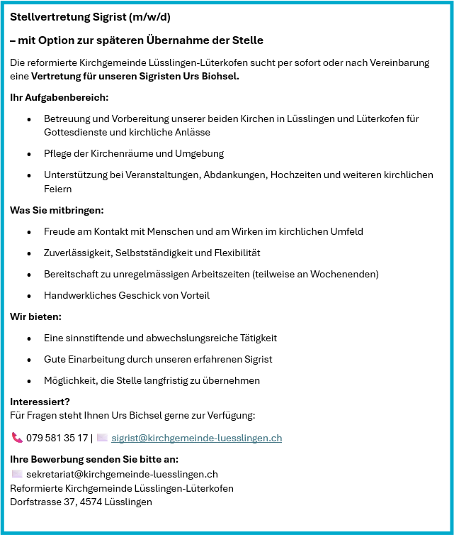 Stelleninserat Vertretung Sigrist/in